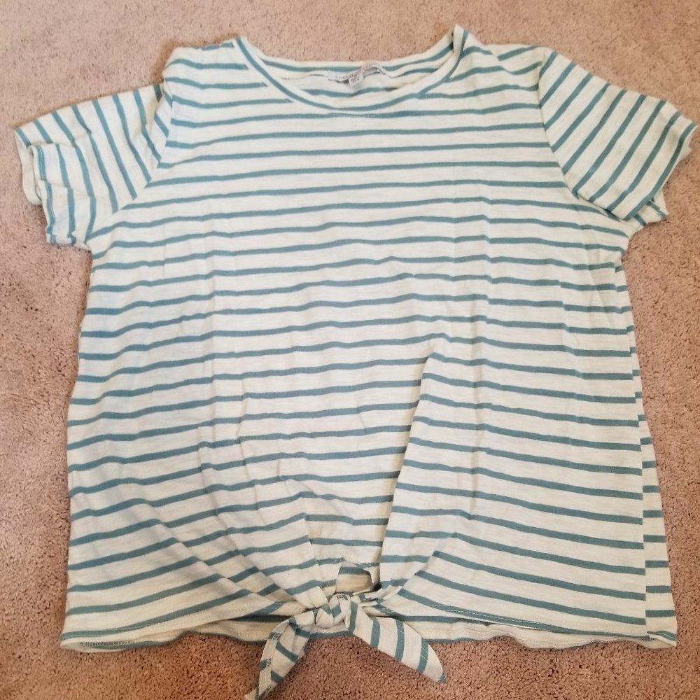 Teal and Cream Striped Tie Front Tee
